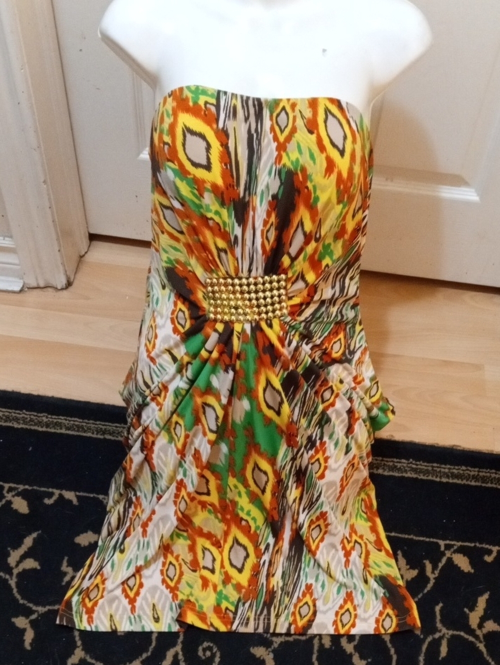 💲1⃣▶Strapless Multicolor Ikat Print Dress with Gold Waist Accent